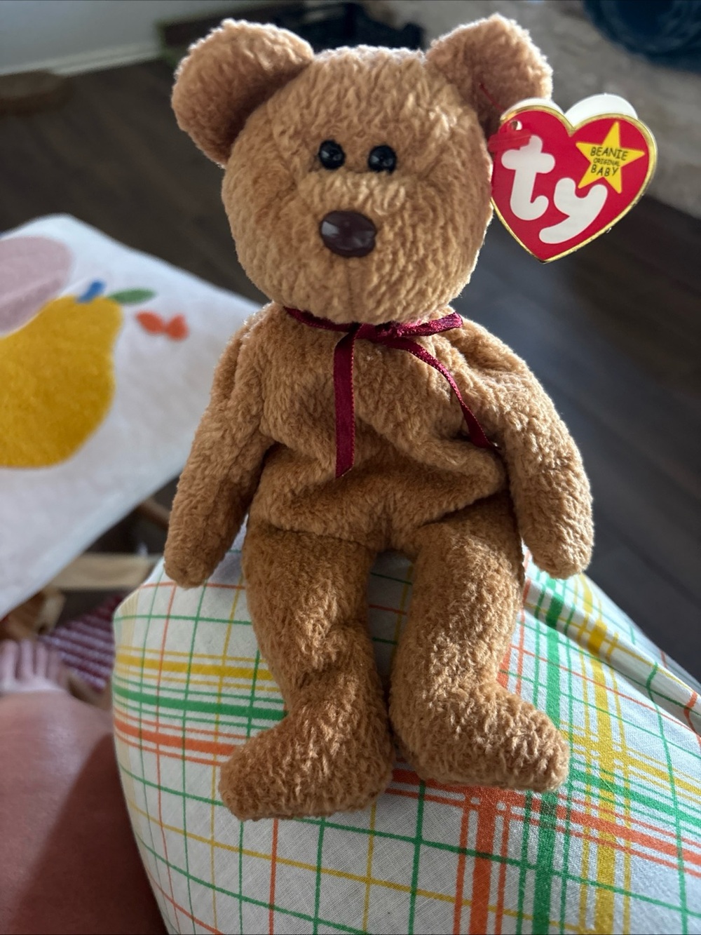 Ty Beanie Baby Curly Brown Plush Bear with Ribbon